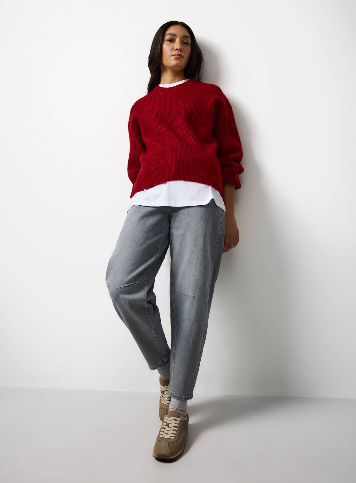 Dark Red Ribbed Fisherman Crew Neck Jumper L - Image 2